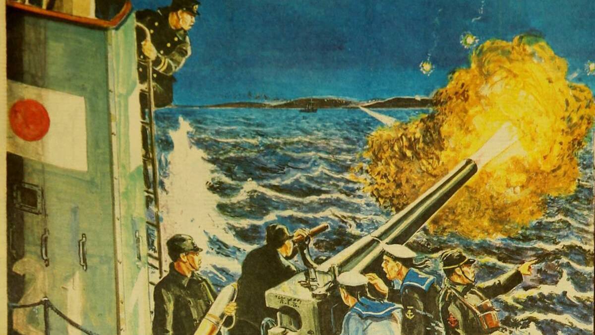 Attack: A depiction of a Japanese submarine crew firing at Newcastle 80 years ago on June 8, 1942. Picture: Monty Wedd 