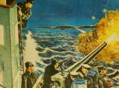 Attack: A depiction of a Japanese submarine crew firing at Newcastle 80 years ago on June 8, 1942. Picture: Monty Wedd 