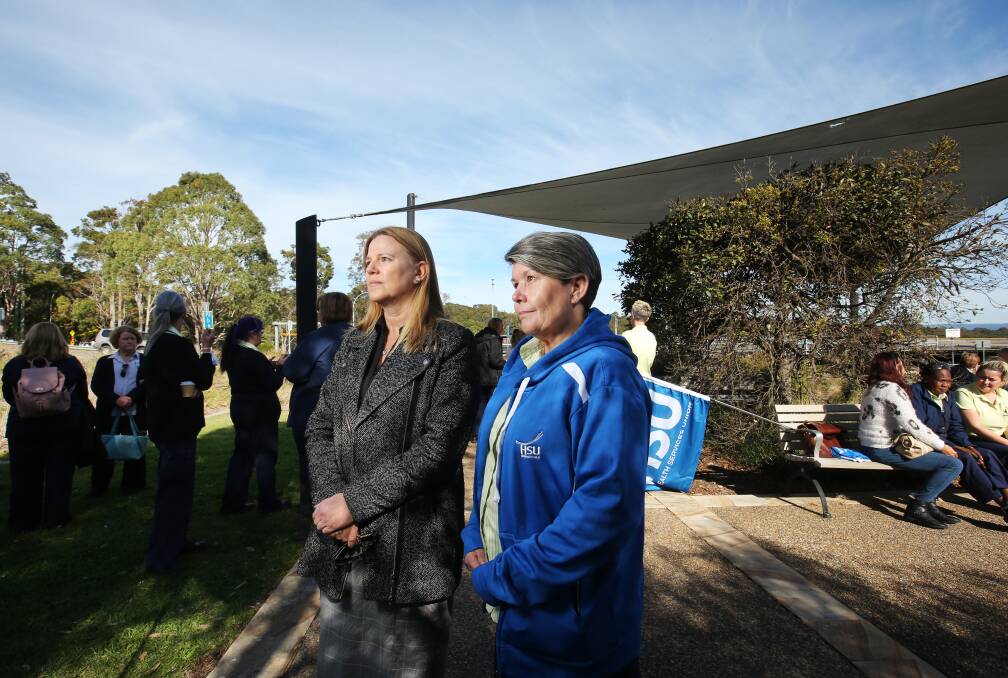 Health Services Union members Susan Litchfield and Jo Egge were among staff who stopped work at John Hunter Hospital to call for better wages. Picture by Simone De Peak 