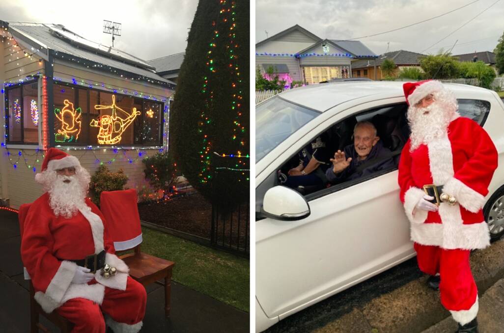 Peter Martine dressed as Santa at Adamstown and greeting a motorist. Pictures supplied 