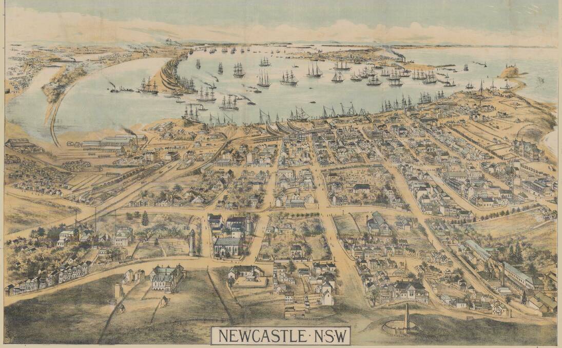 Fine Detail: A lithograph of Newcastle in 1889 portrayed from above the Obelisk, looking down to the harbour. Picture: Alfred Scott Broad 