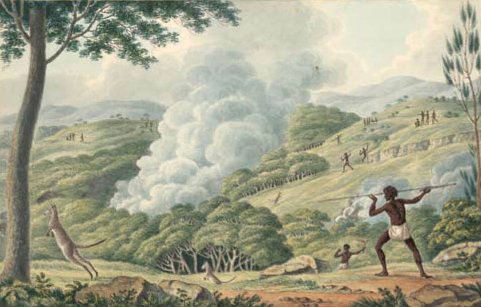 Food: A Lycett painting of Aboriginal people hunting and burning. 