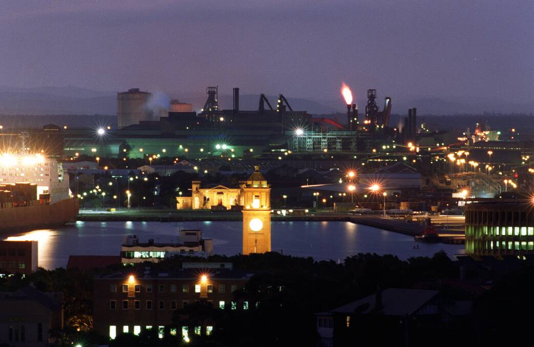 BHP Steelworks in Newcastle in the 1990s, with Newcastle City Hall in the foreground.   