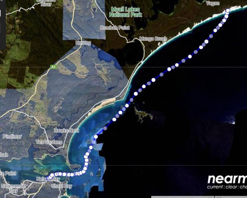 At Sea: The predicted route that a GoPro camera took up the coast, after being lost at Nelson Bay. 