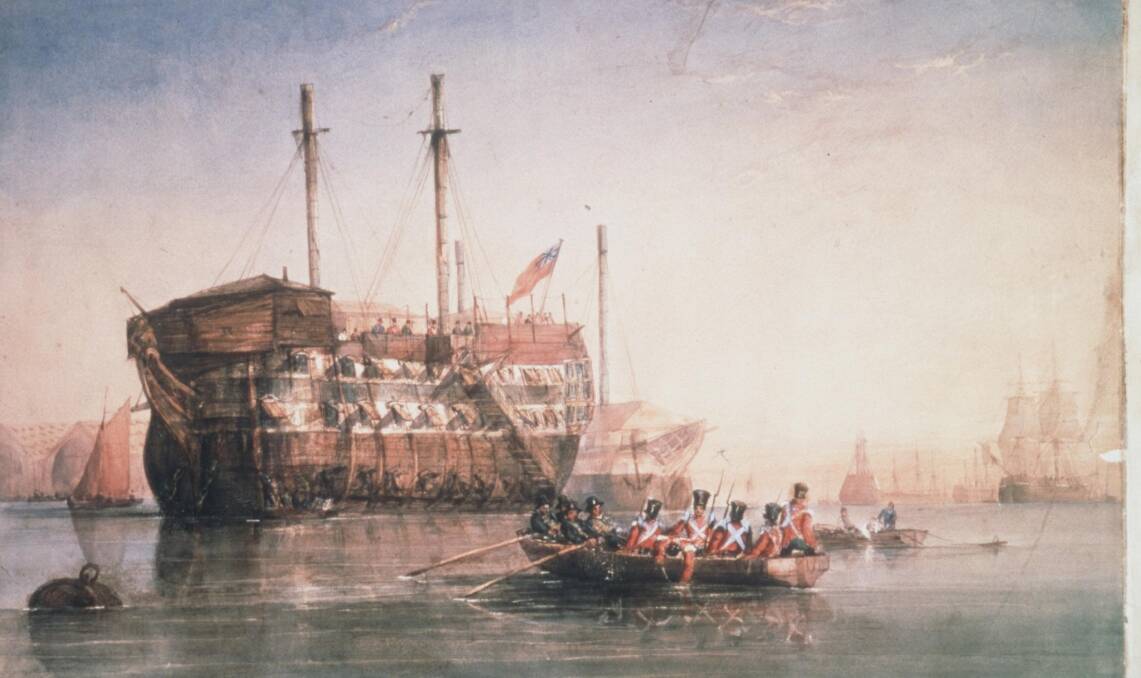 Convicts: A painting in 1821 of a prison hulk [decommissioned ship], where convicts waited for months to be transported to Australia. Source: National Gallery of Australia.    
