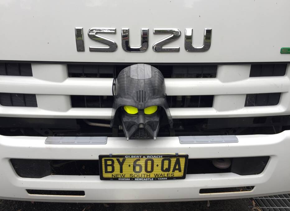 A Darth Vader mask attached to a Central Coast Council truck. 