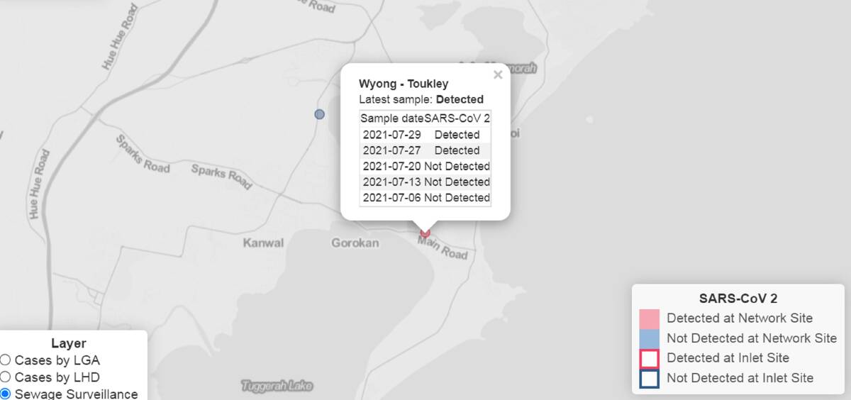 A map showing sewage at Toukley has tested positive for COVID fragments. 
