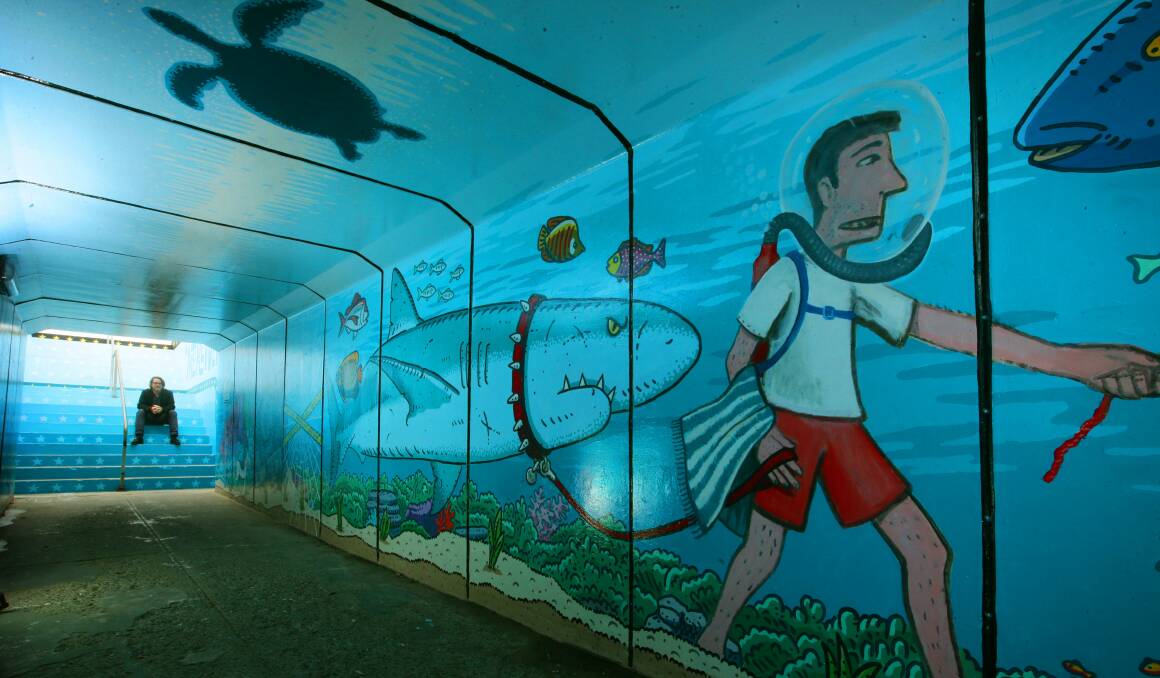 Trevor Dickinson's artwork in the Merewether beach tunnel.    