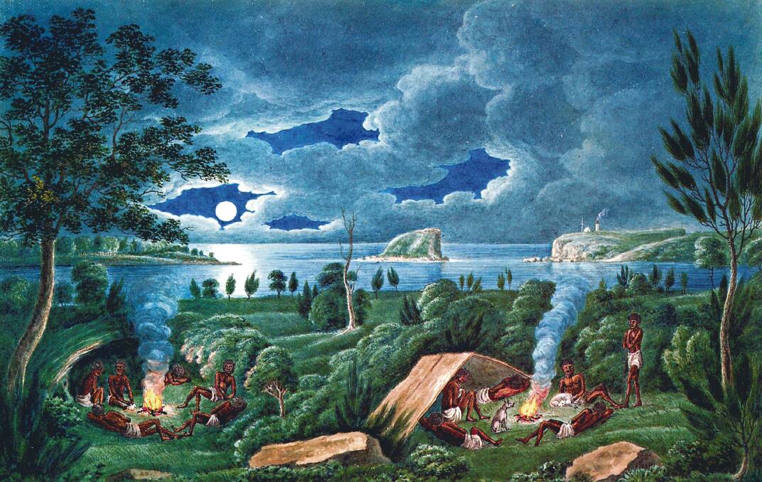 Places: Aboriginal people resting by a camp fire near Nobbys and the mouth of the Hunter River. Artwork by Joseph Lycett. 