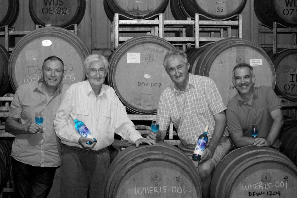 Nice Drop: Mark Wiseman, Max Drayton, John Drayton and Edgar Vales toast a blue wine called the Hunter Blue.