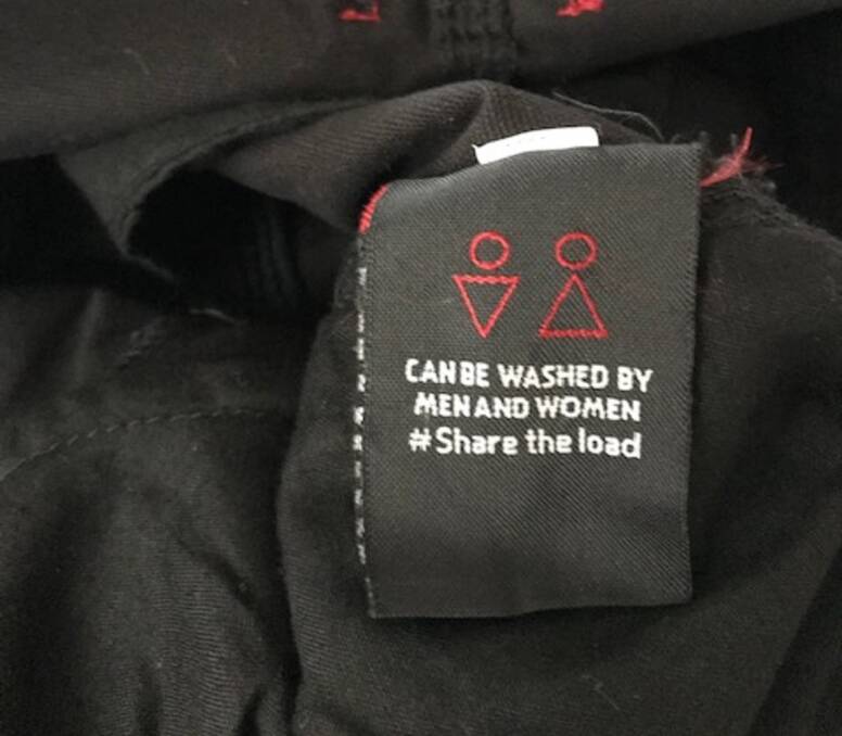 Equality: This label was spotted on a pair of Traders 308 men's work pants. And yes, blokes, you have to do the folding, too. 