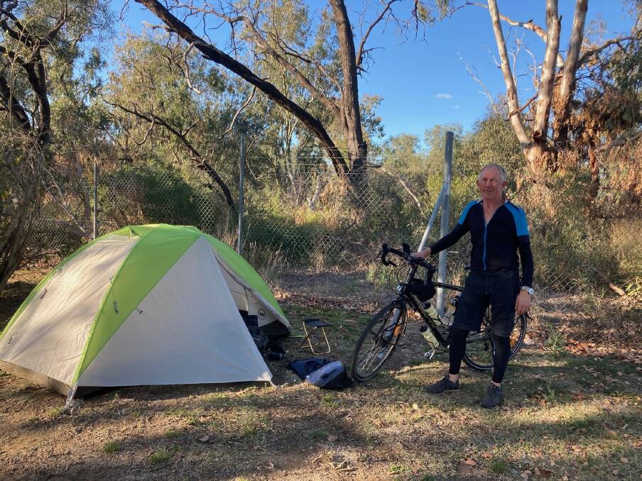 On His Bike: Greg Gibson at a campsite in Moree, where he stopped during a 2500-kilometre bike ride across NSW. 