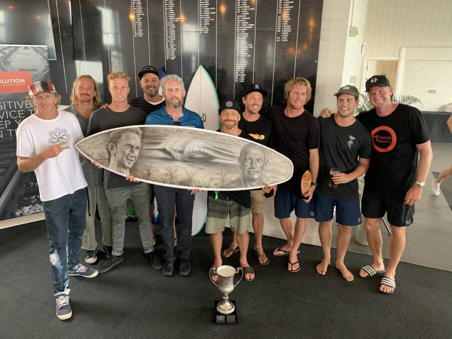 Surf's Up: Daniel Joyce [far left] with auction winner Brad Sutton and Tom Carroll [centre], along with Mark Hughes [far right]. 