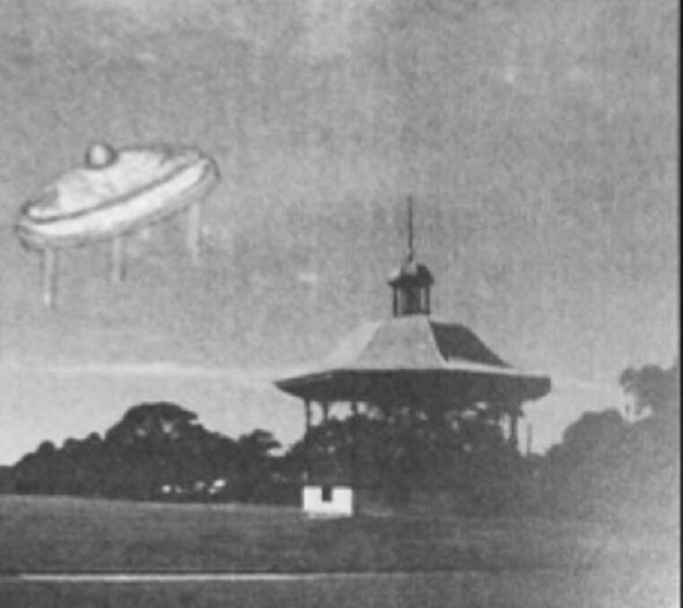 An artwork of the flying saucer that landed at Lambton Park. Picture: Ken Shilling from The Story of Lambton.            