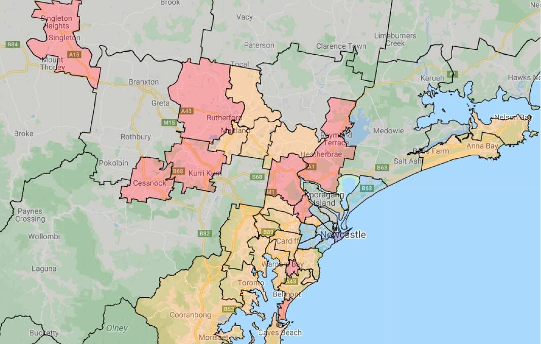 The red-pink areas are rated high-risk for COVID-19 related job losses and the amber areas are medium high risk. 