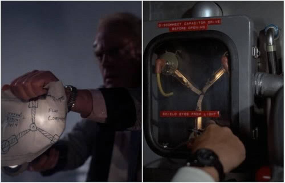 Doc Brown with a diagram of the flux capacitor and a model of the famous device. 