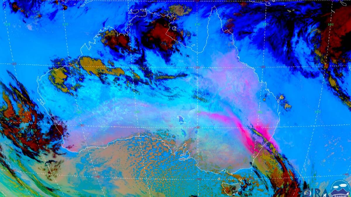 A satellite map shows Wednesday's dust storm in pink. Map: Regional and Mesoscale Meteorology Branch 