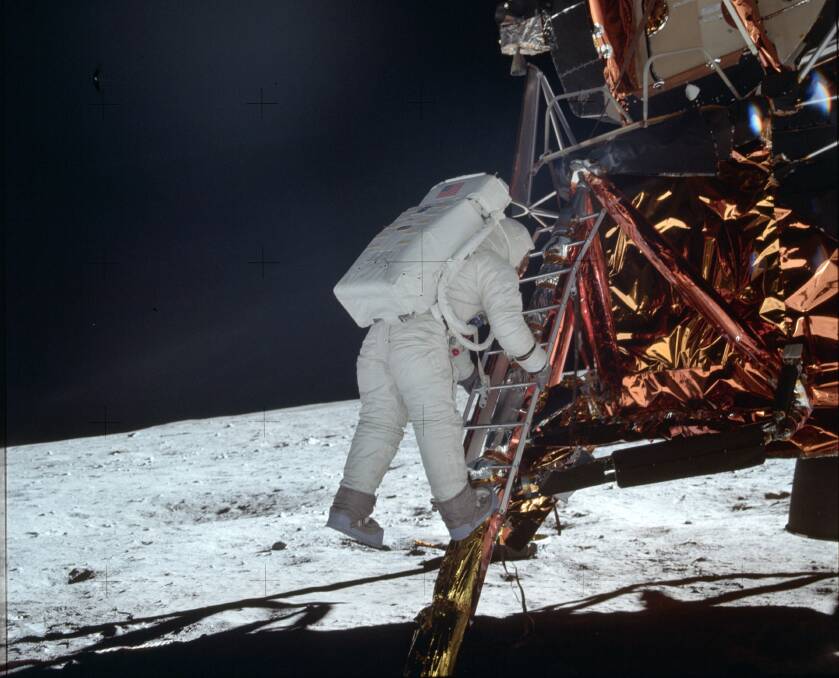 Moon Walk: Buzz Aldrin steps onto the moon. Picture: Neil Armstrong 