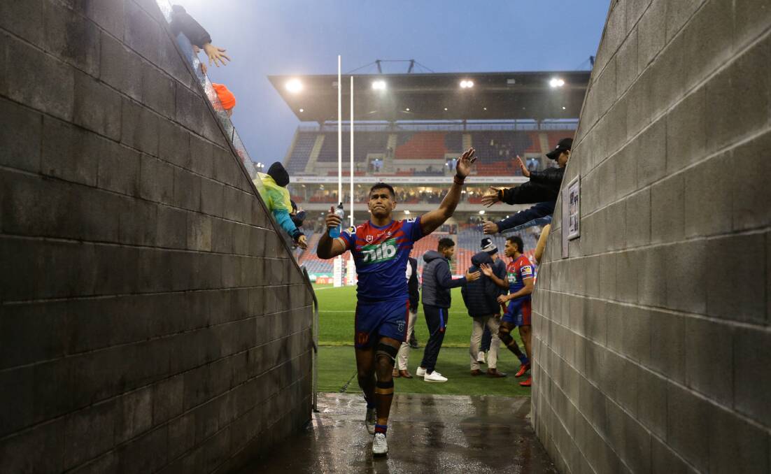 Fighting Fit: Daniel Saifiti in the tunnel after the Knights-Warriors clash at McDonald Jones Stadium in June. Picture: Jonathan Carroll 