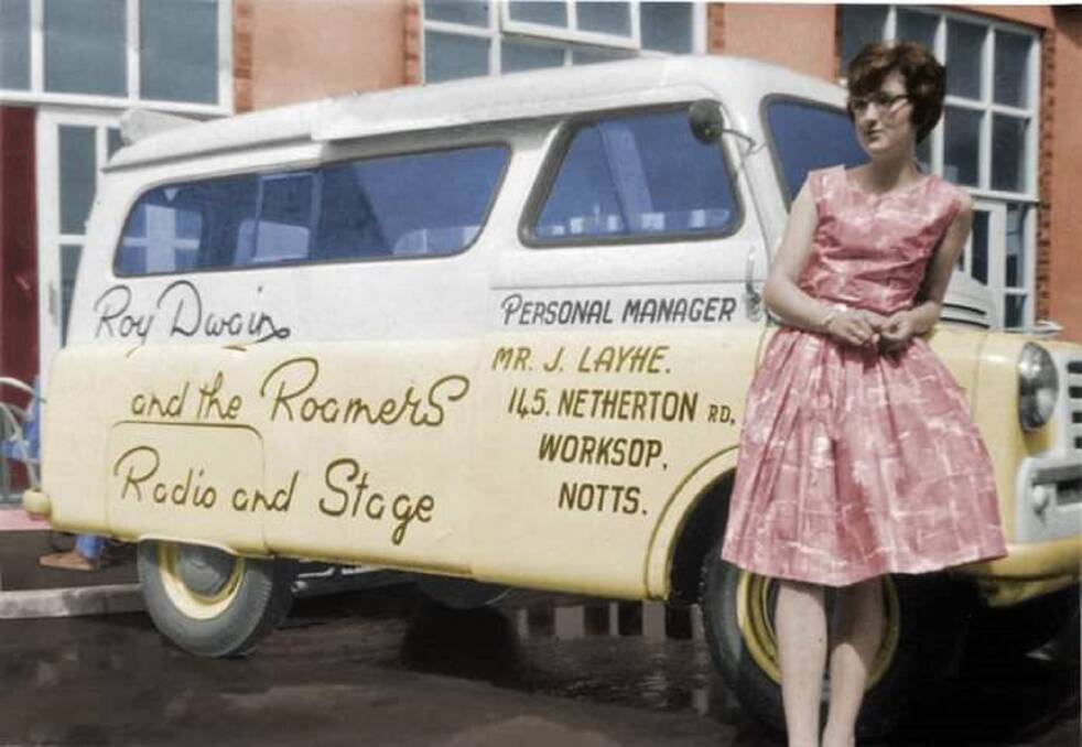 Mellow Yellow: Eunice Hobson-English next to a British band's van in the 1960s.   