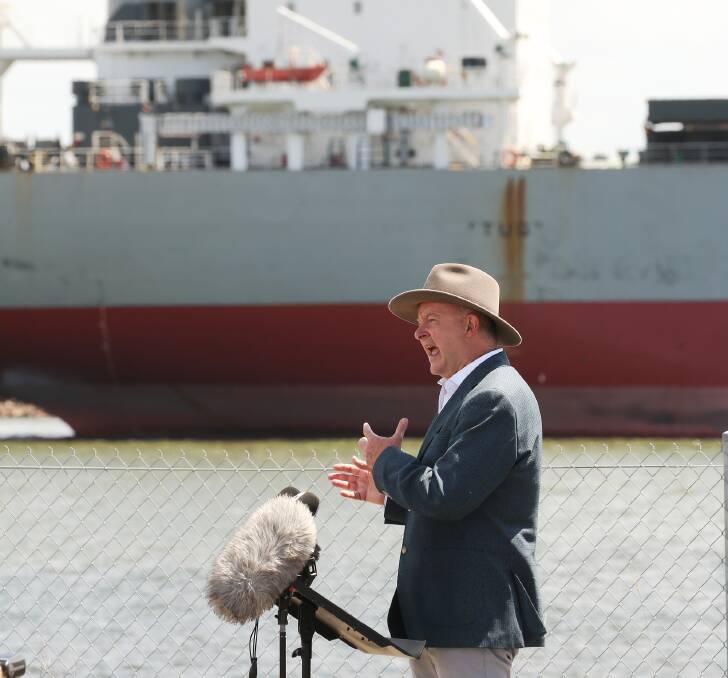 Anthony Albanese at the Port of Newcastle in January before he was elected prime minister. Picture: Peter Lorimer 