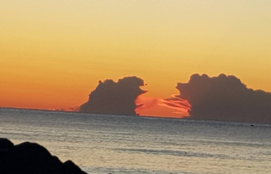 Sky Skirmish: Godzilla takes on a foe in the clouds off Blacksmiths Beach. Picture: Nat B 
