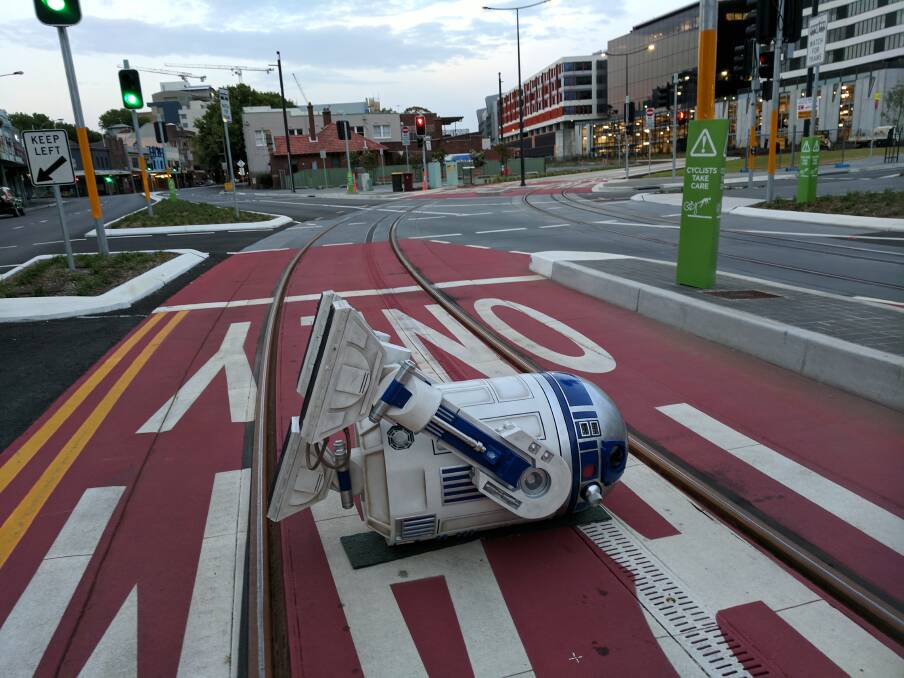 Artificial Intelligence: R2-D2 after tripping over the light rail tracks in Newcastle.     