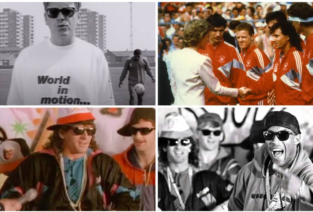 Clockwise from top left - a scene from the New Order track World in Motion, Craig Johnston meets Princess Diana before the 1988 FA Cup final, and clips of John Barnes and Johnston in the Anfield Rap. 