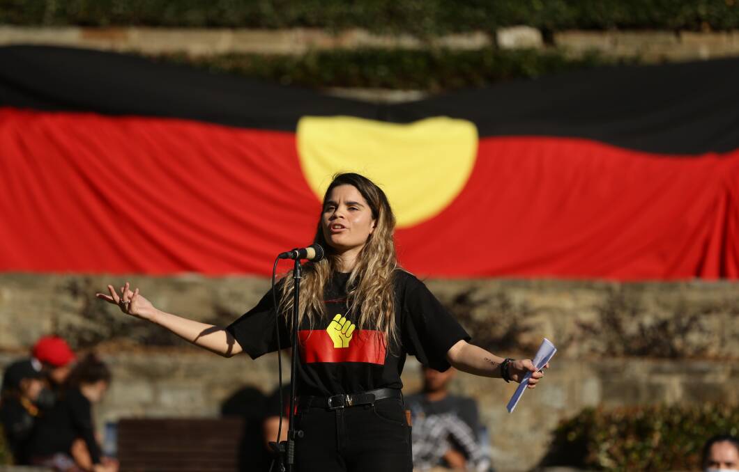 Standing Up: Taylah Gray at a Black Lives Matter protest in Newcastle in July. Picture: Jonathan Carroll 