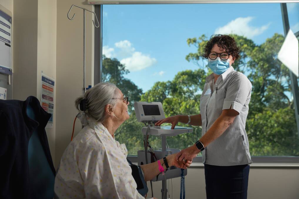 John Hunter Hospital nurse unit manager Sarah MacDonald with patient Pam Borthwick. Picture by Marina Neil 