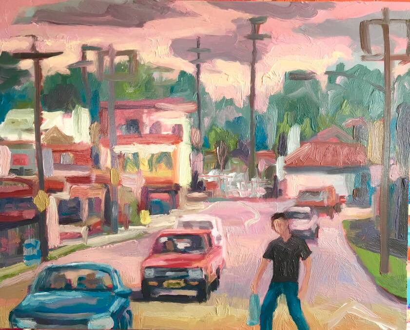 A Lankas painting of a bloke crossing Glebe Road at Adamstown. 