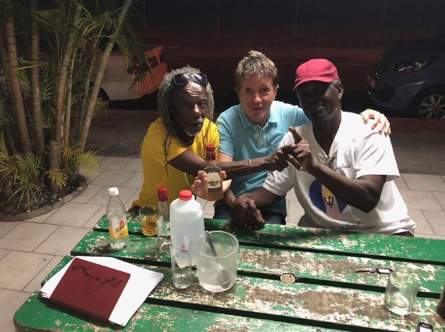 Great Catch: Author Ashley Gray, centre, with former international cricketers David Murray, left, and Collis King in Barbados. Picture: Courtesy, Ashley Gray 