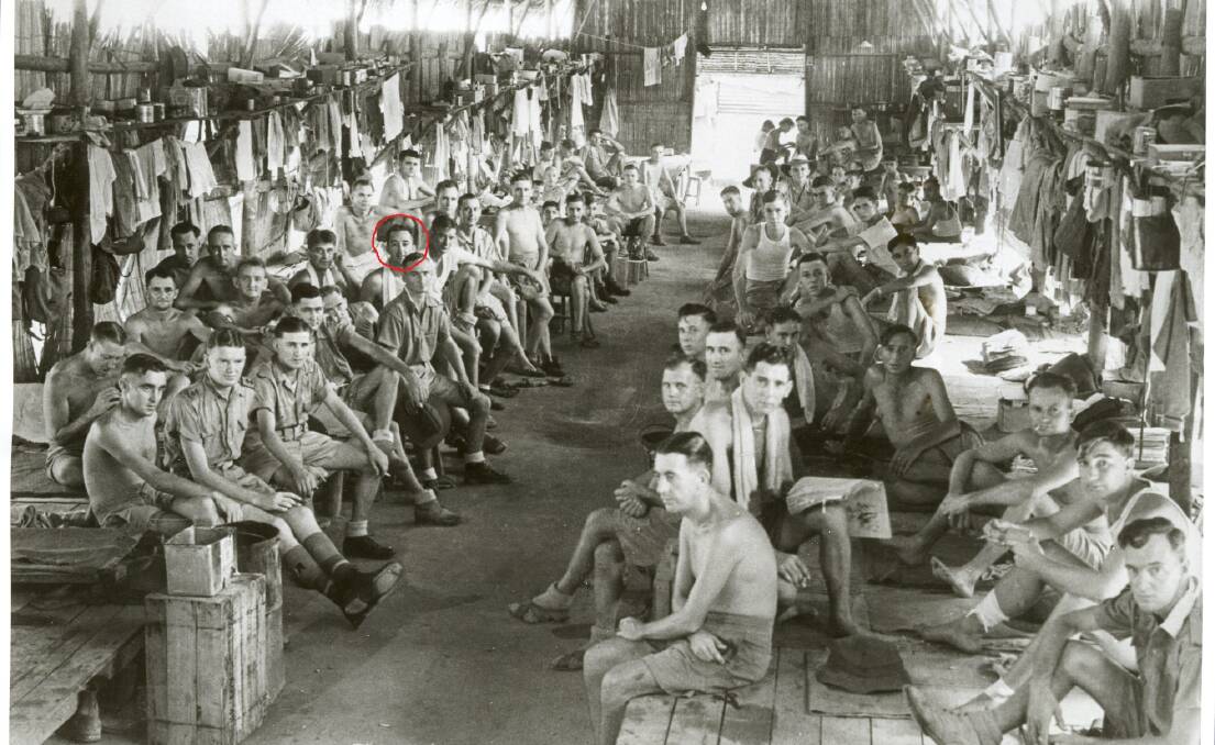 The original photo of the Changi prisoner-of-war camp, with Newcastle's Robert Jones circled in red on the left.  