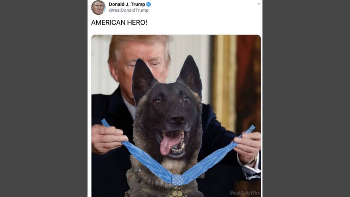 Trump with a fake photo he tweeted of himself presenting Conan with a medal. 