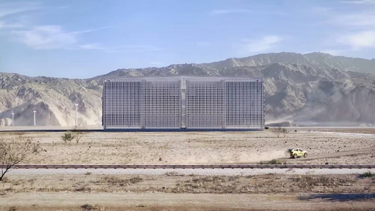 CONCRETE CAGE: A still from an Energy Vault video showing what its latticework box of concrete weights - known as an Energy Vault Resilience Centre or EVRC - might look like from a distance.