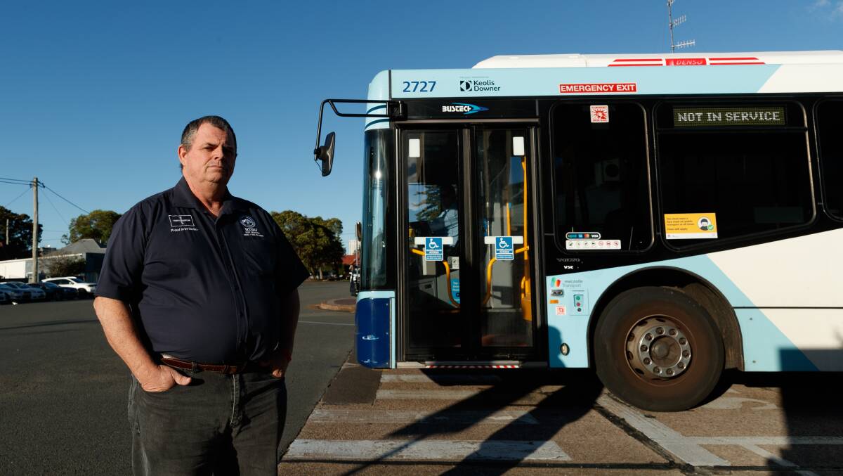 Rail, Tram and Bus Union divisional president Daniel Jagger outside the Keolis Downer bus depot in Hamilton in May last year, when the union was campaigning for better pay and conditions for bus drivers. Picture by Max Mason-Hubers 