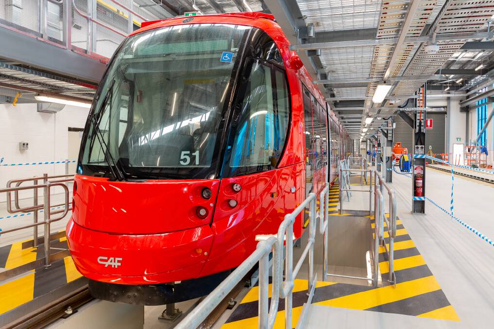 READY TO GO: The first Newcastle light rail set in its Wickham facility.