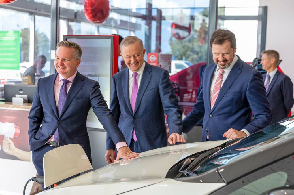 CHANGE IS COMING: Chris Bowen, Anthony Albanese and Ed Husic in an ALP advertisement for the party's electric car policies.