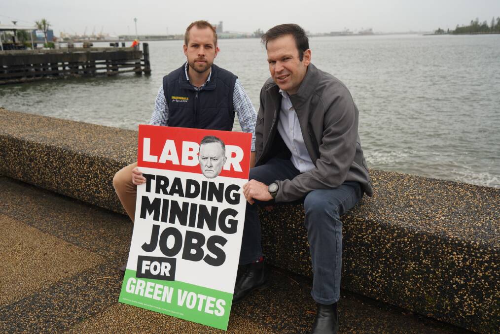 PRO-MINING: James Thomson and Matt Canavan carrying their message in Newcastle yesterday, before heading up the valley.
