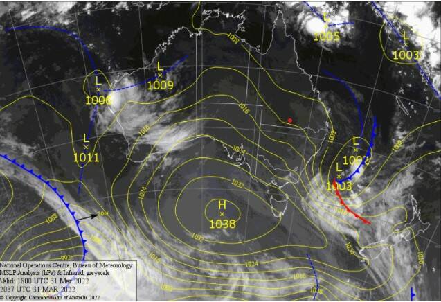 COMPLEX LOW: This BOM image from 7.30am today shows the main low pressure system sitting off the northern NSW coast, reinforced by two more tropical lows to its north, with a big high pressure system over the Bight. Picture: Courtesy BOM