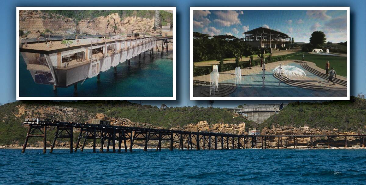 Artwork from the developers' scoping study, showing a futuristic hotel on the coal jetty and a hotel and recreation area at Middle Camp, with the jetty as it stands now. Main picture by Max Mason-Hubers