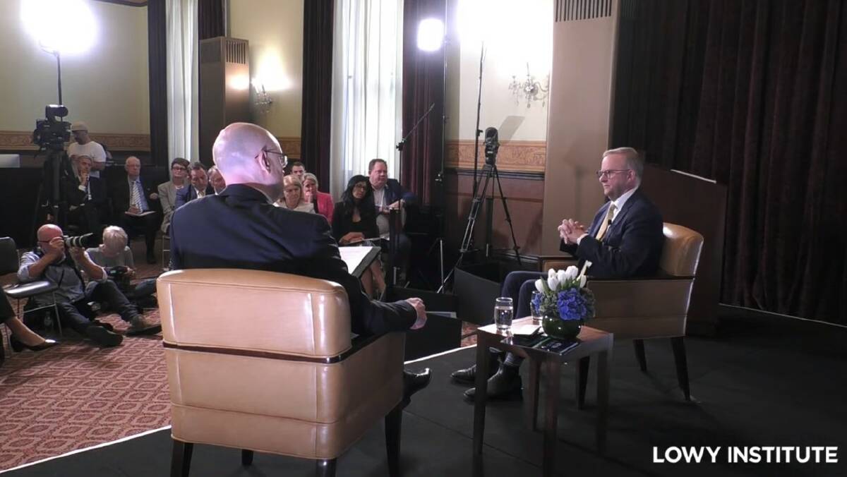 BACKSTAGE PASS: Michael Fullilove and Anthony Albanese under the camera lights as the audience of journalists and Lowy Institute guests watch on. Picture: Lowy Institute livestream screenshot