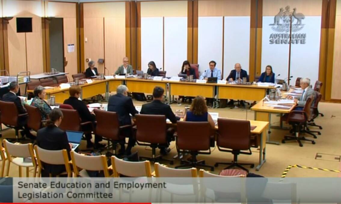 The education and employment budget estimates committee: Senator Malcolm Roberts, far right, questions Bernadette O'Neill, far left in green, with Senator Marise Payne next to her