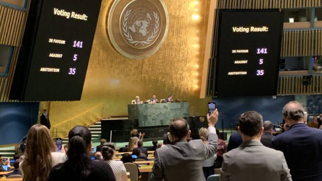 CONDEMNATION: United Nations vote on March 2 condemning Russia's Invasion of Ukraine by 141 votes to 5, with 35 nations abstaining. Picture: European Commission