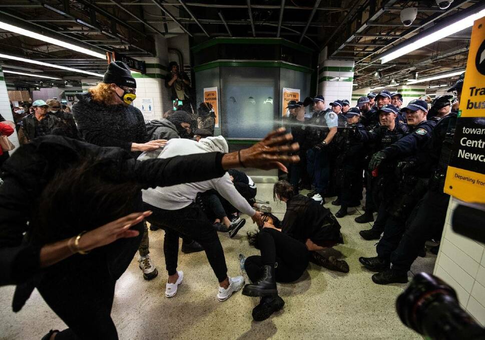 PEPPER SPRAY: A stand-off with police on Sydney's Central Station turned ugly on Saturday afternoon and police resorted to the use of pepper spray. Picture: Facebook