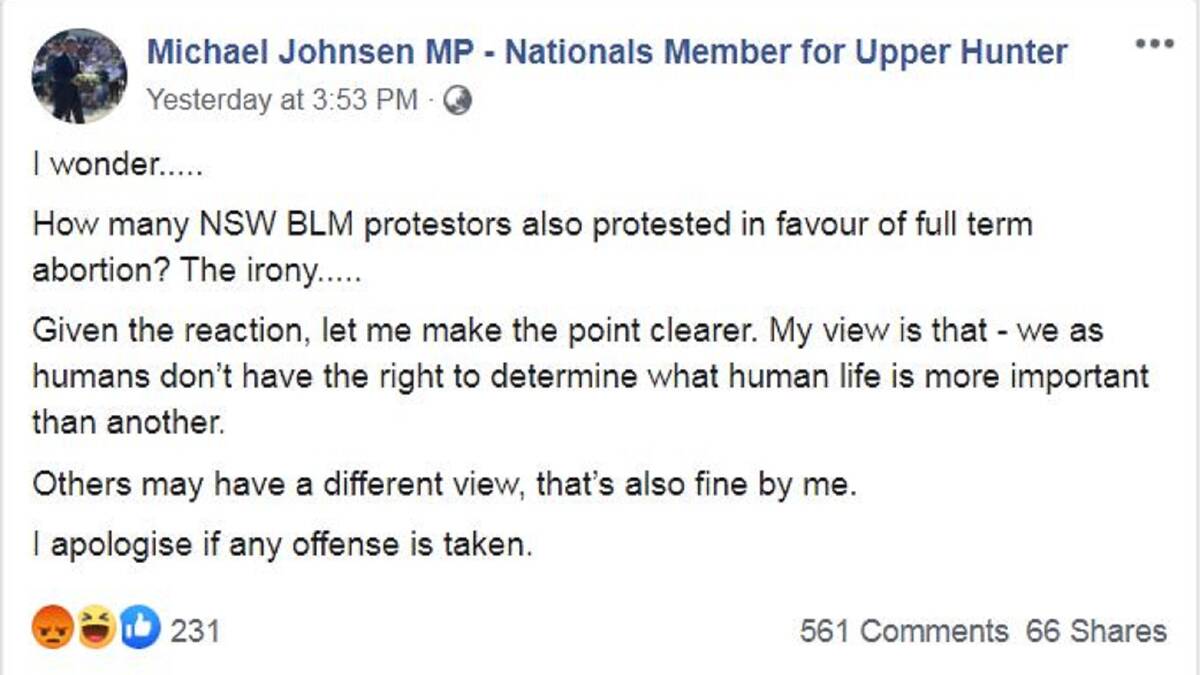 WOUNDING WORDS: The full Facebook post, late on Wednesday afternoon. The MP said many of the 560-plus comments were blocked from public view by the settings on his Facebook language filter.