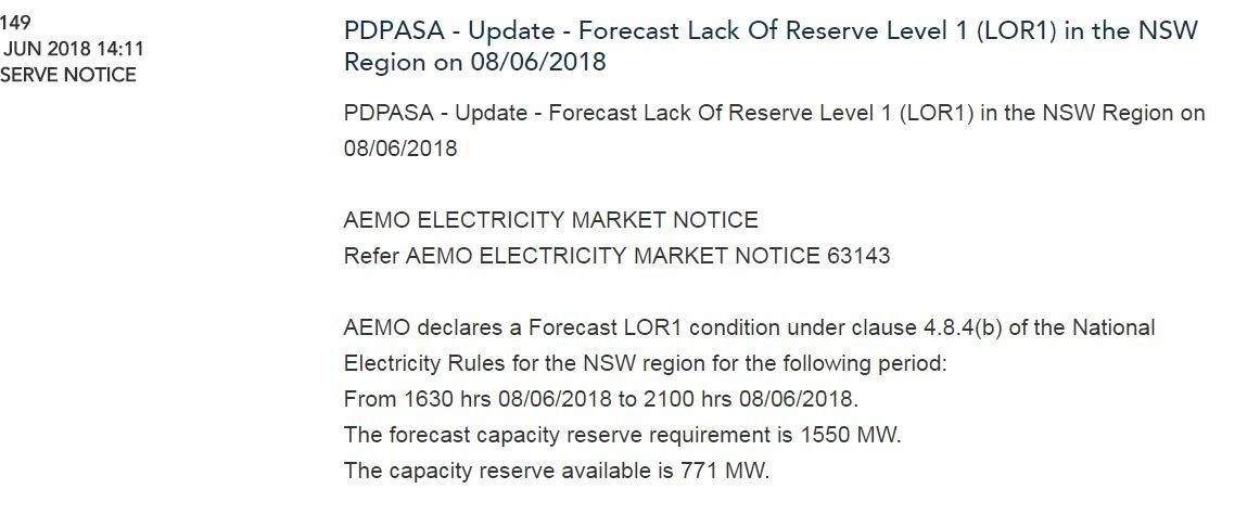 A "market notice" issued by AEMO on Friday forecasting a lack of reserve power in the grid.