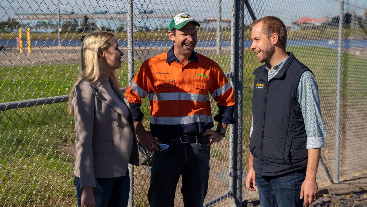 COAL IN COALITION: National Party senator and former resources minister Matt Canavan, at the Port of Newcastle yesterday with Liberal Party Paterson candidate Brooke Vitnell and James Thomson, Nationals candidate for Hunter.