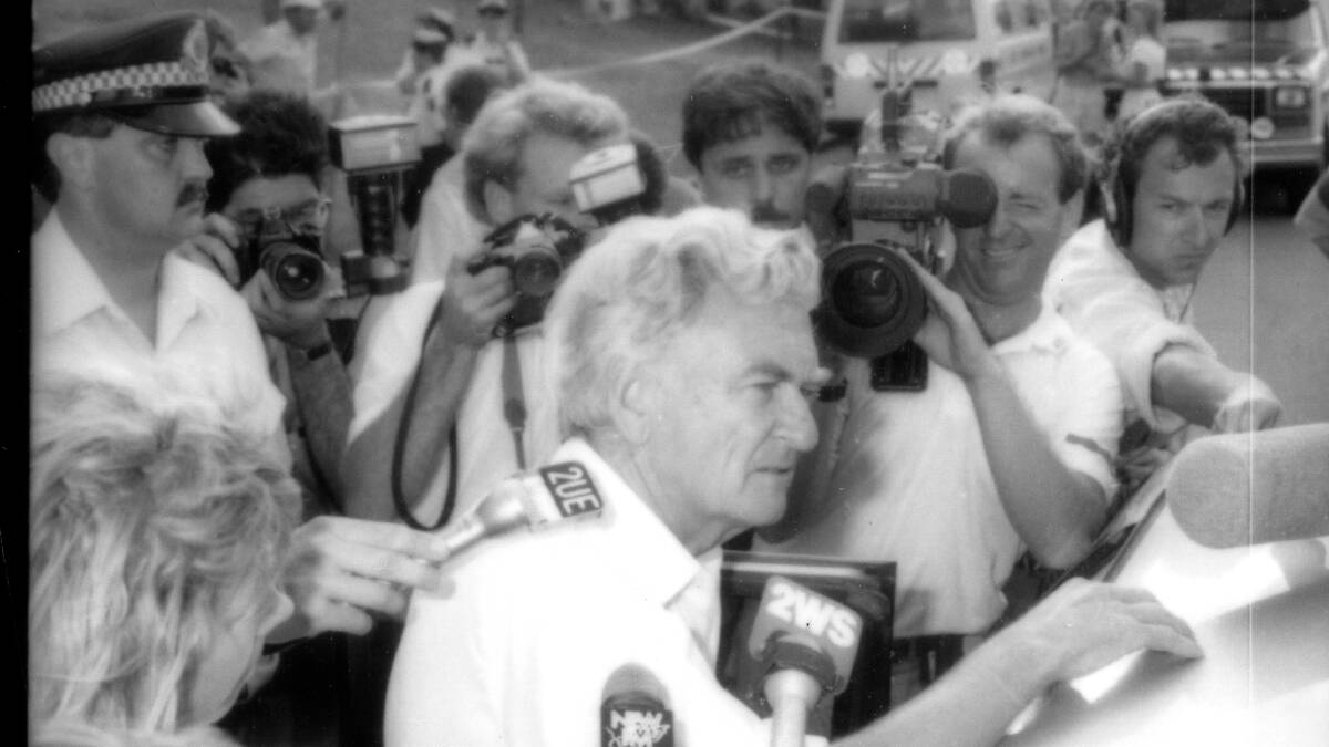 Prime minister Bob Hawke after inspecting the devastation at the workers club.