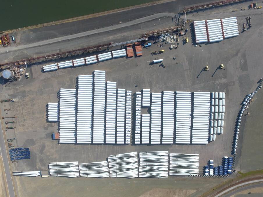 MECCANO: A load of wind turbine parts shipped through the Port of Newcastle in 2018 for a wind farm near Glen Innes (not the one powering the port). Picture: Renewables company CWP
